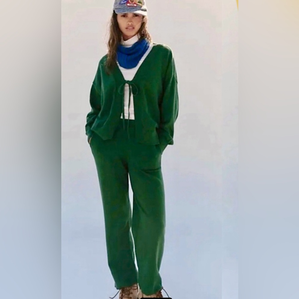 Free People Forest Green Knit Pants & Cardigan Set